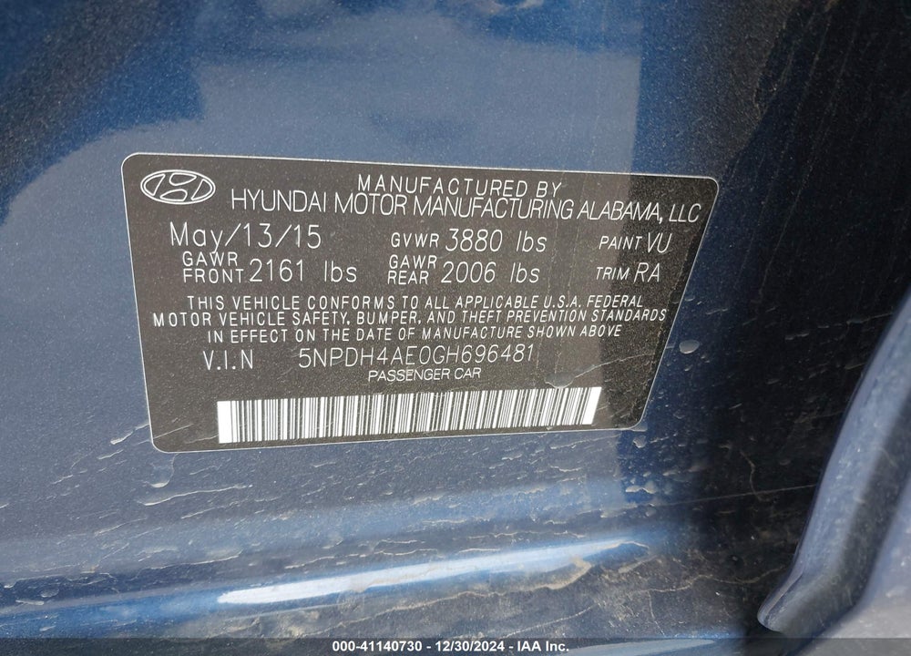 2016 HYUNDAI ELANTRA SE VIN: 5NPDH4AE0GH696481