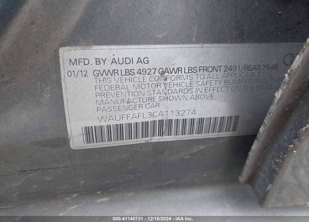 2012 AUDI A4 VIN: WAUFFAFL3CA113274