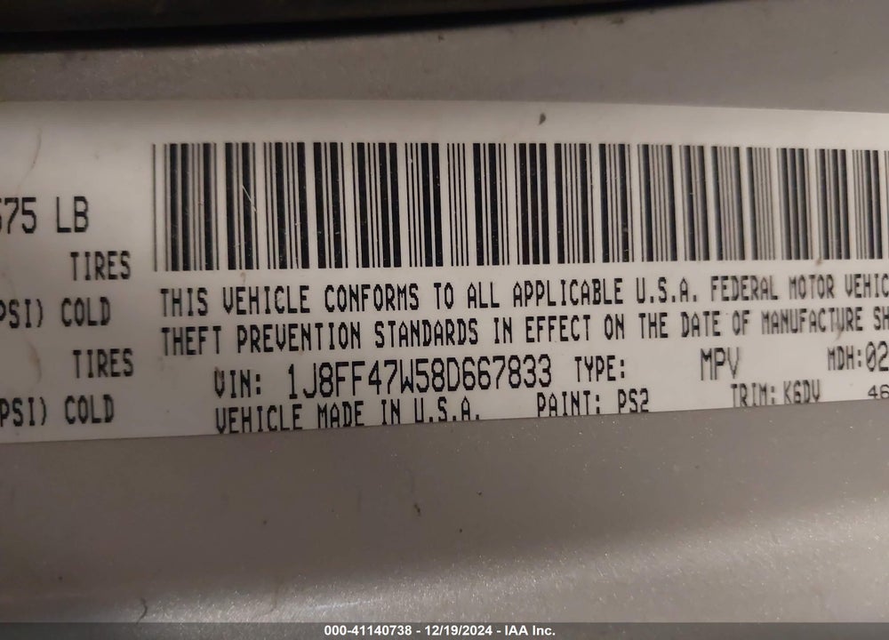 2008 JEEP COMPASS SPORT VIN: 1J8FF47W58D667833