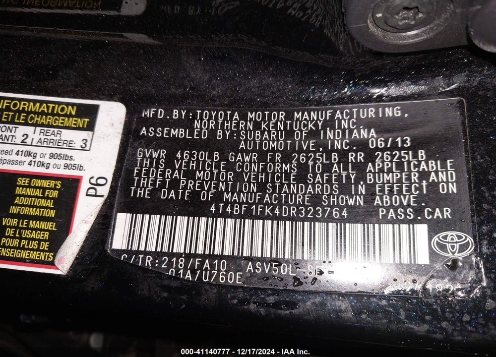 2013 TOYOTA CAMRY L VIN: 4T4BF1FK4DR323764