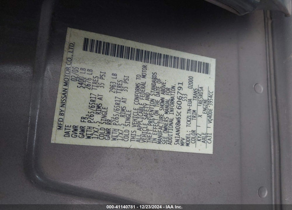 2005 NISSAN XTERRA SE VIN: 5N1AN08W65C606791