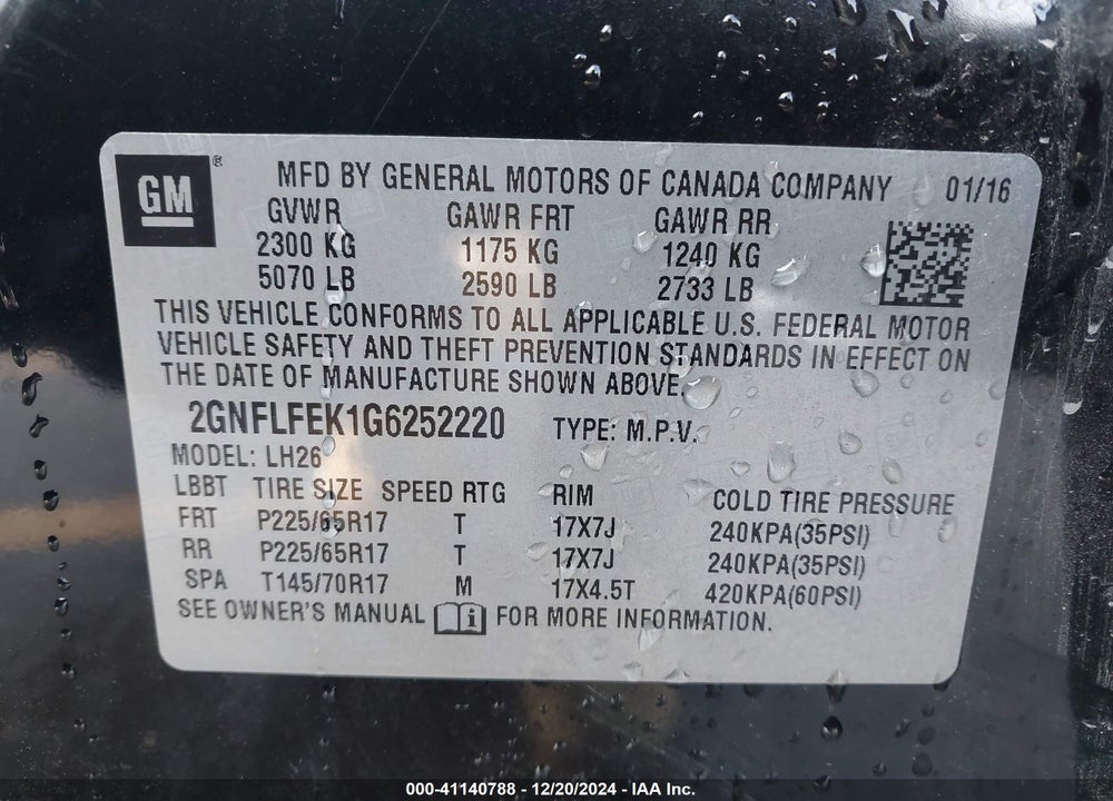 2016 CHEVROLET EQUINOX LT VIN: 2GNFLFEK1G6252220