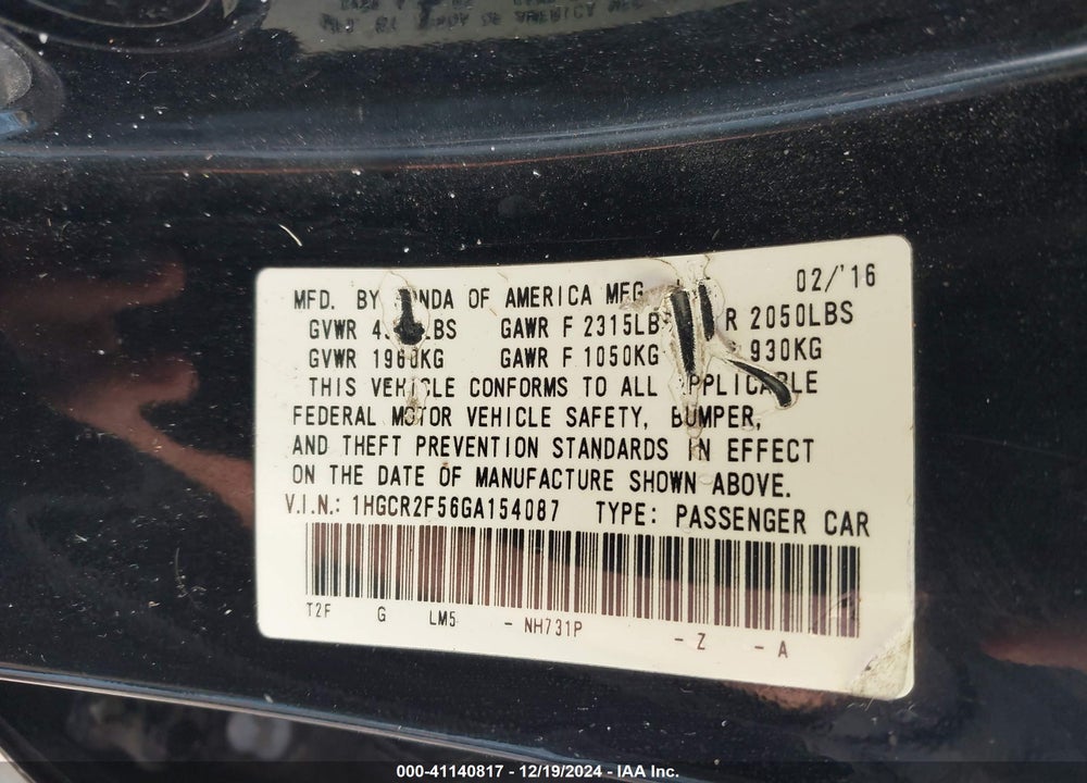 2016 HONDA ACCORD VIN: 1HGCR2F56GA154087
