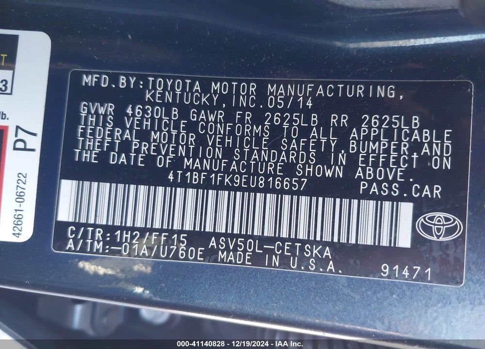2014 TOYOTA CAMRY SE VIN: 4T1BF1FK9EU816657