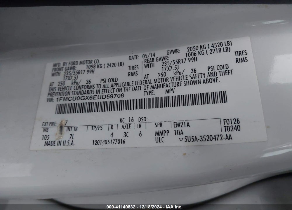 2014 FORD ESCAPE SE VIN: 1FMCU0GX6EUD59708