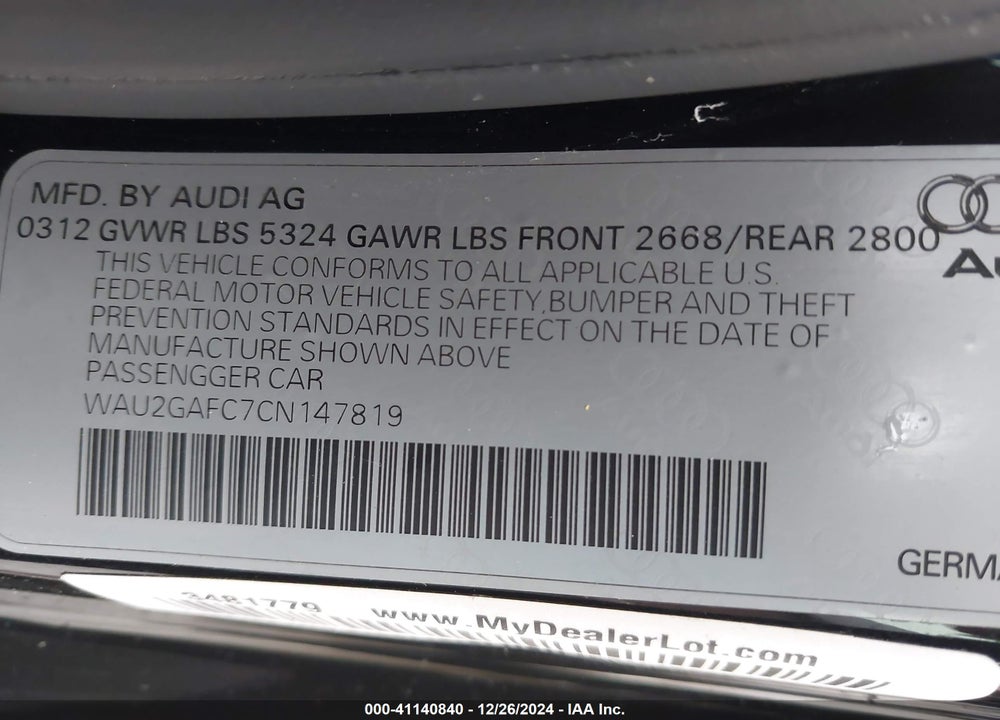 2012 AUDI A7 PREMIUM VIN: WAU2GAFC7CN147819