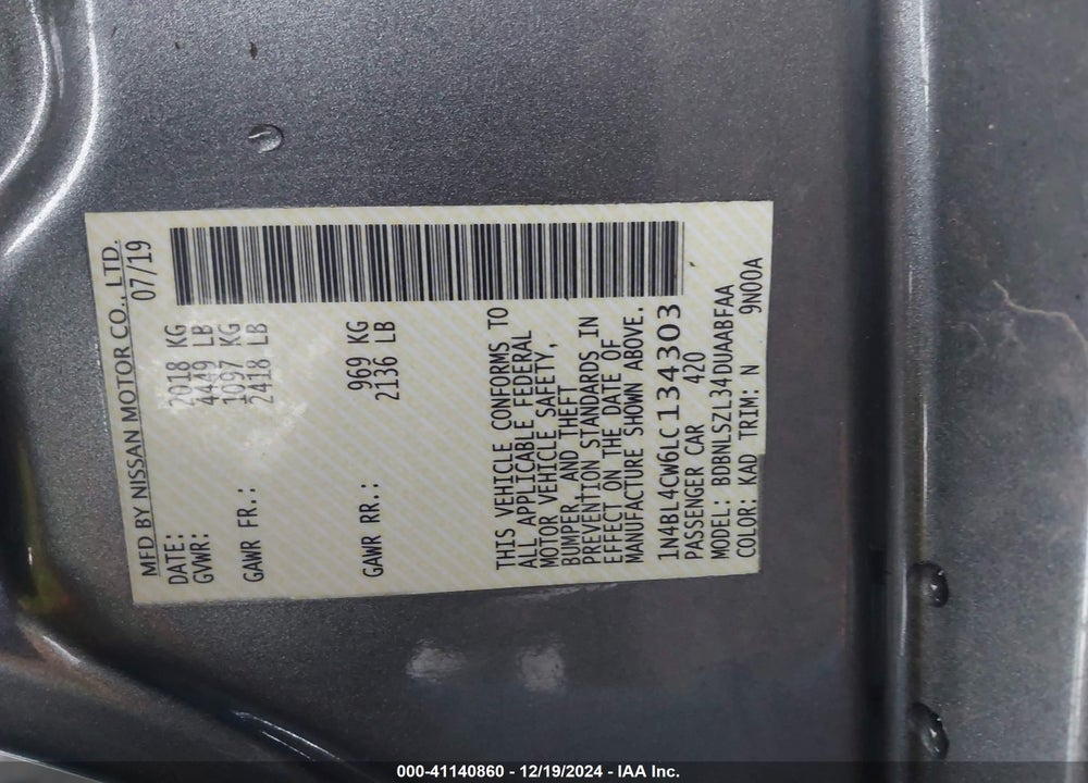 2020 NISSAN ALTIMA SR INTELLIGENT AWD VIN: 1N4BL4CW6LC134303