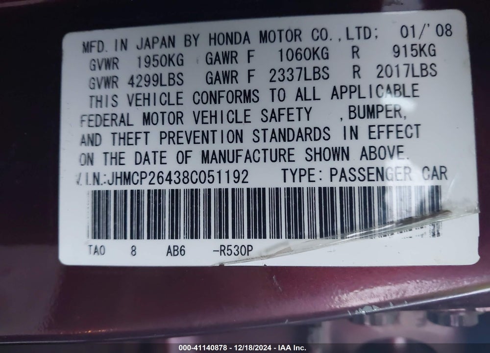 2008 HONDA ACCORD 2.4 LX-P VIN: JHMCP26438C051192