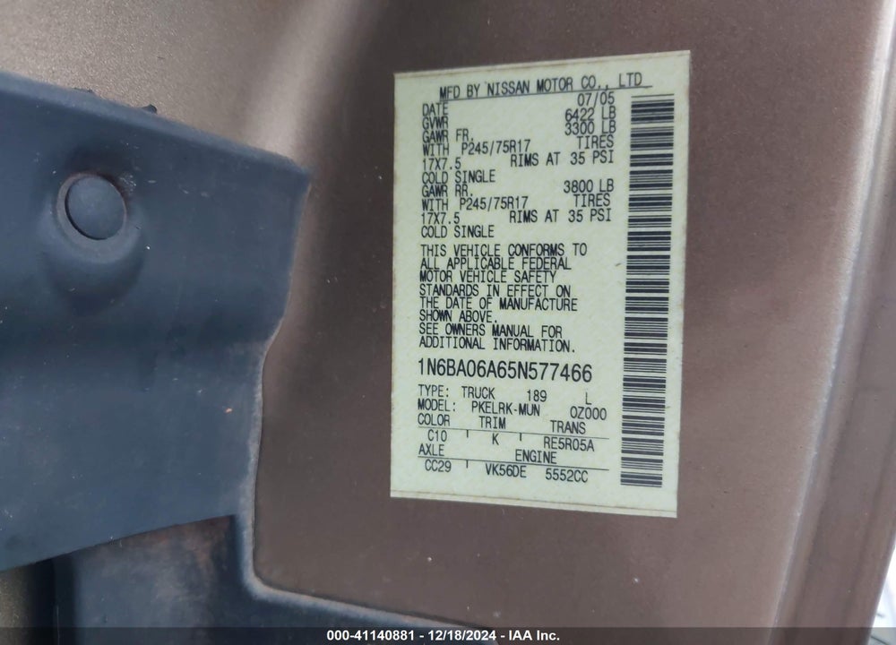 2005 NISSAN TITAN XE VIN: 1N6BA06A65N577466