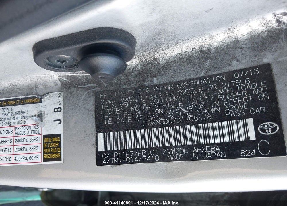 2013 TOYOTA PRIUS VIN: JTDKN3DU7D1708478