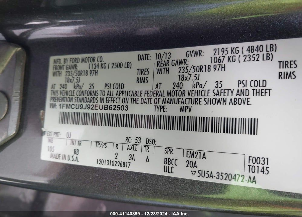 2014 FORD ESCAPE TITANIUM VIN: 1FMCU9J92EUB62503