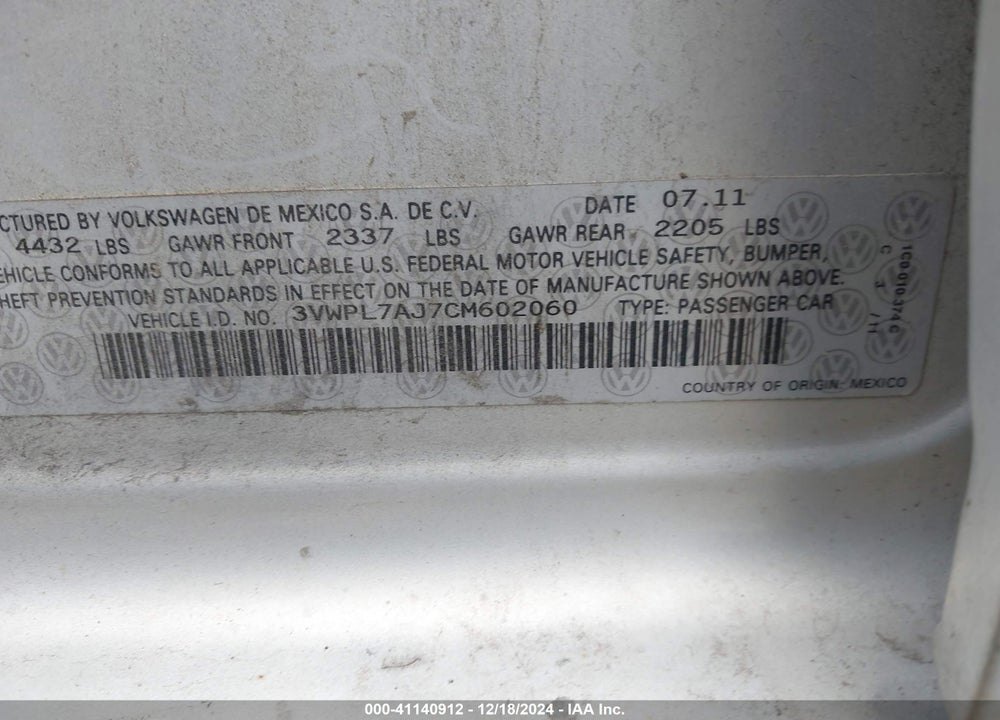 2012 VOLKSWAGEN JETTA SPORTWAGEN 2.0L TDI VIN: 3VWPL7AJ7CM602060