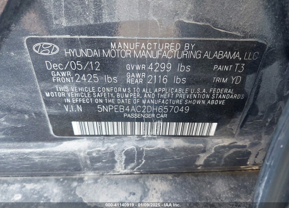 2013 HYUNDAI SONATA GLS VIN: 5NPEB4AC2DH657049