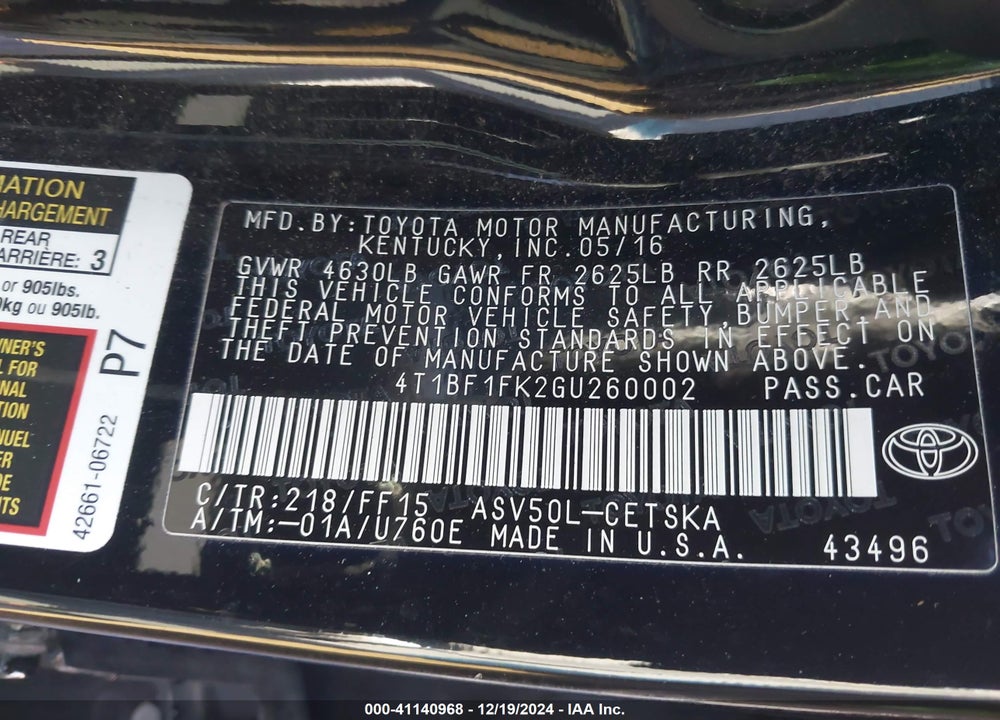 2016 TOYOTA CAMRY VIN: 4T1BF1FK2GU260002