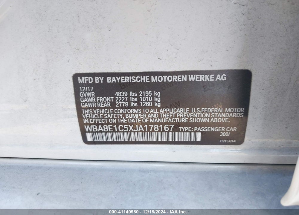 2018 BMW 330E IPERFORMANCE VIN: WBA8E1C5XJA178167