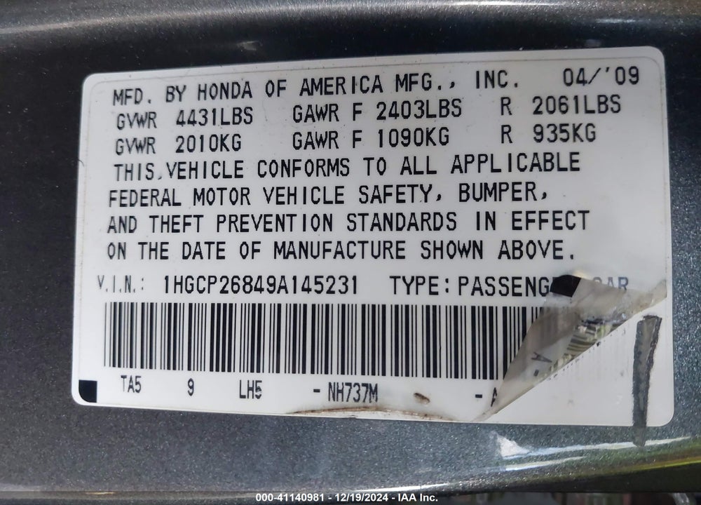 2009 HONDA ACCORD 2.4 EX-L VIN: 1HGCP26849A145231