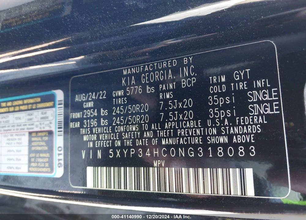 2022 KIA TELLURIDE EX VIN: 5XYP34HC0NG318083