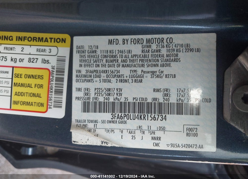 2019 FORD FUSION HYBRID SE VIN: 3FA6P0LU4KR156734