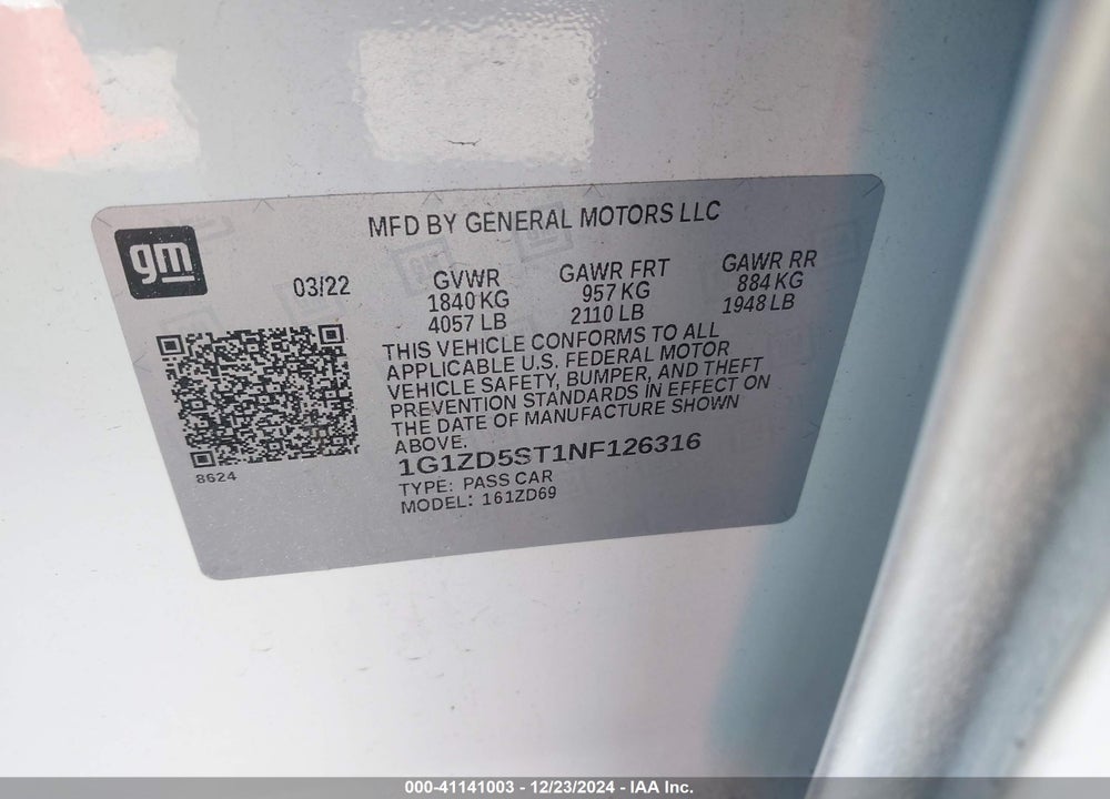 2022 CHEVROLET MALIBU VIN: 1G1ZD5ST1NF126316