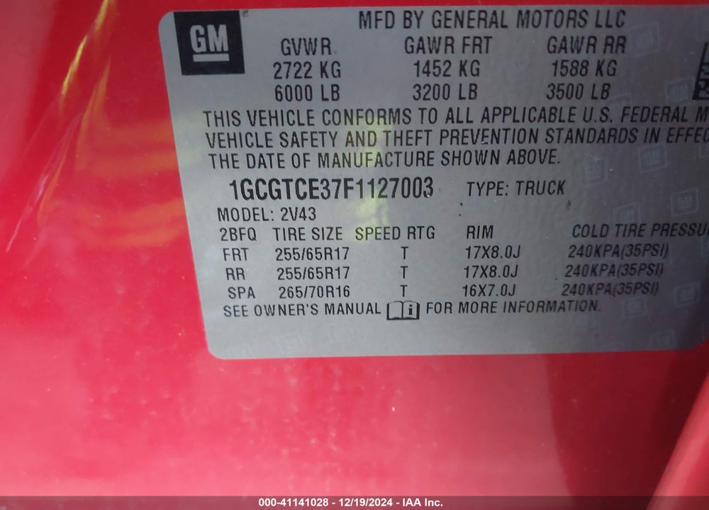 2015 CHEVROLET COLORADO Z71 VIN: 1GCGTCE37F1127003