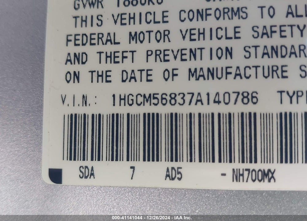2007 HONDA ACCORD 2.4 EX VIN: 1HGCM56837A140786