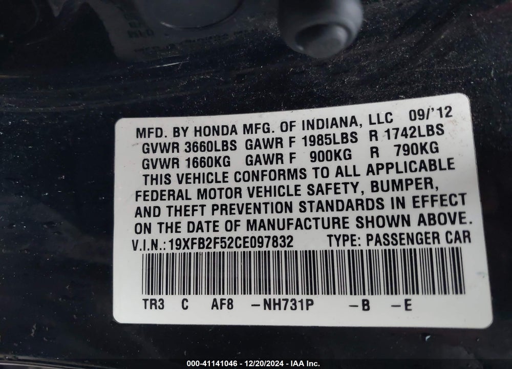 2012 HONDA CIVIC SDN LX VIN: 19XFB2F52CE097832