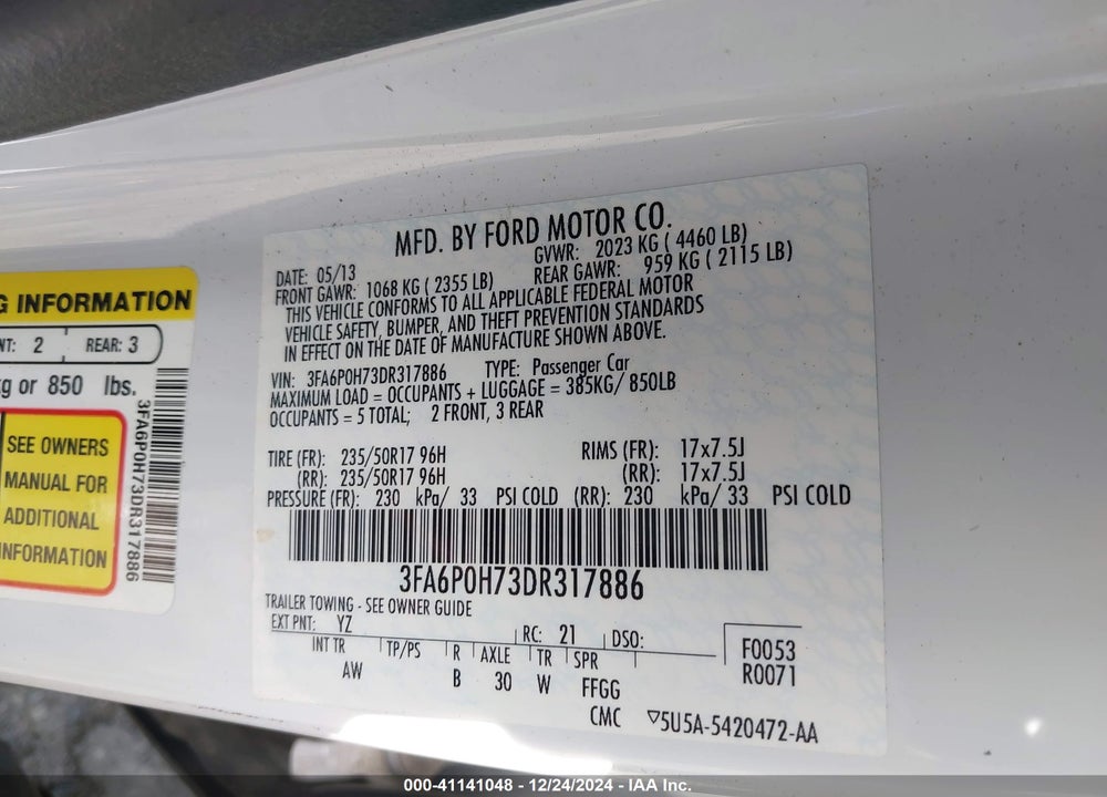 2013 FORD FUSION SE VIN: 3FA6P0H73DR317886