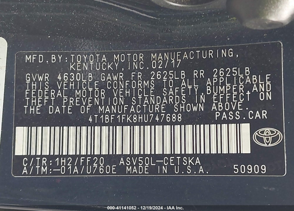 2017 TOYOTA CAMRY SE VIN: 4T1BF1FK8HU747688