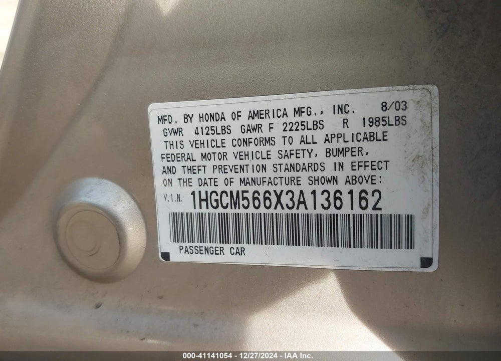 2003 HONDA ACCORD 2.4 EX VIN: 1HGCM566X3A136162