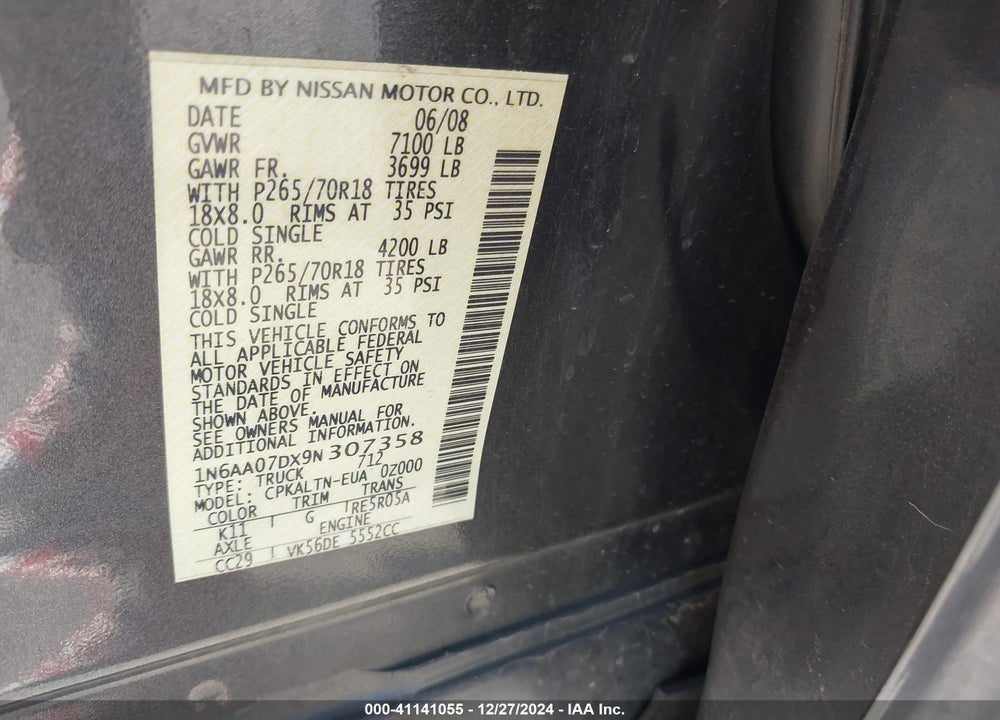 2009 NISSAN TITAN SE VIN: 1N6AA07DX9N307358