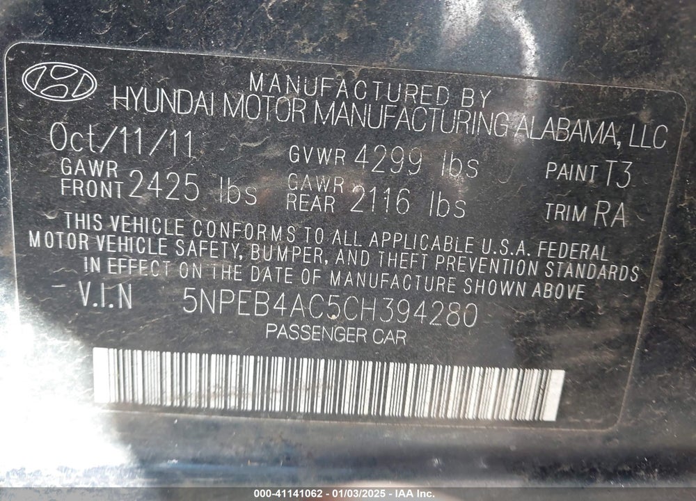 2012 HYUNDAI SONATA VIN: 5NPEB4AC5CH394280