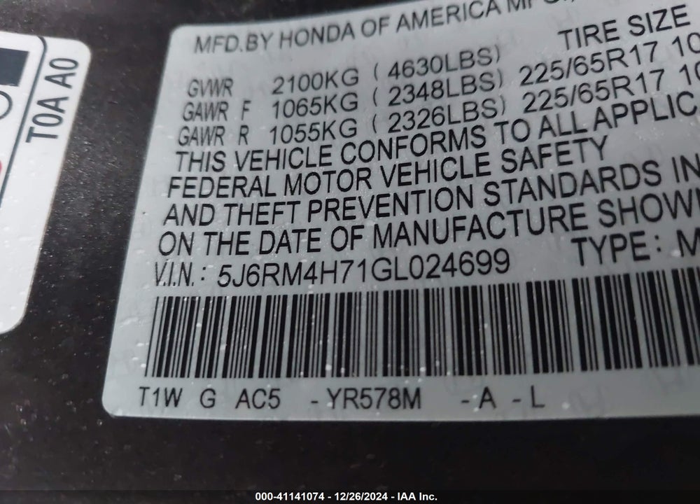 2016 HONDA CR-V EX-L VIN: 5J6RM4H71GL024699