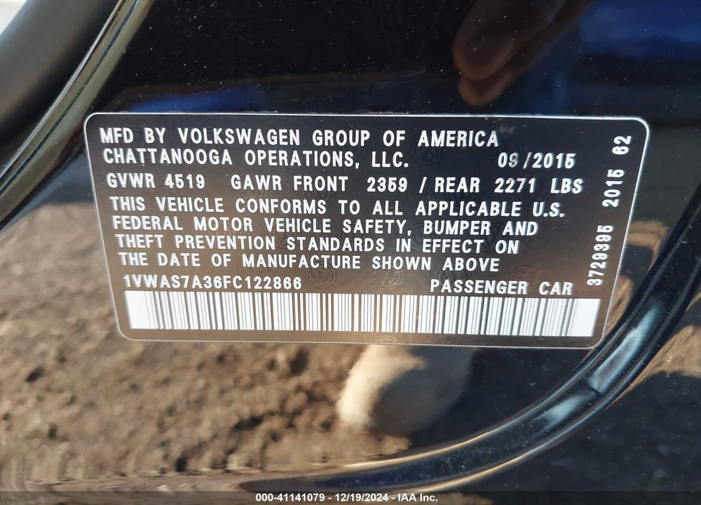 2015 VOLKSWAGEN PASSAT 1.8T LIMITED EDITION VIN: 1VWAS7A36FC122866