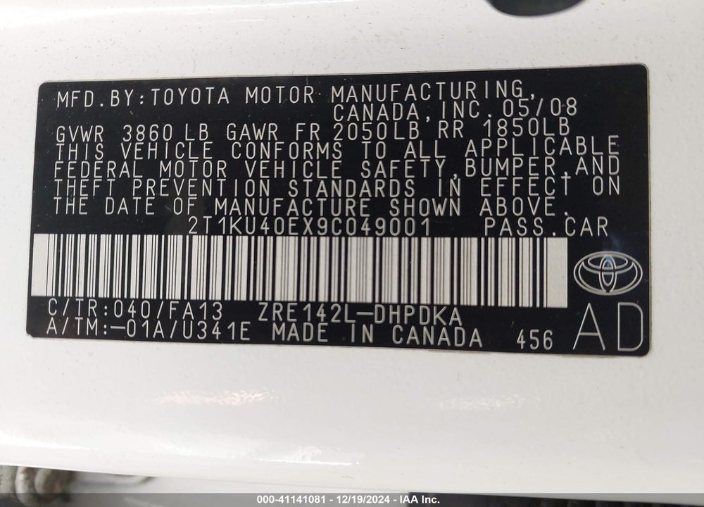 2009 TOYOTA COROLLA MATRIX VIN: 2T1KU40EX9C049001