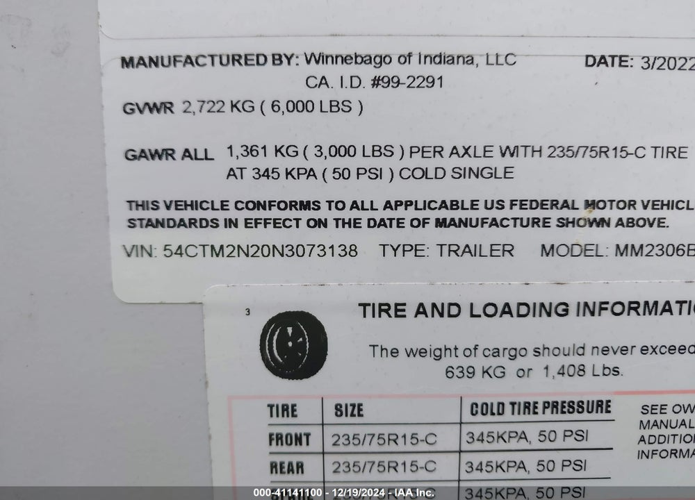 2022 WINNEBAGO MICRO M VIN: 54CTM2N20N3073138