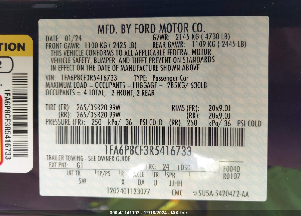 2024 FORD MUSTANG GT PREMIUM FASTBACK VIN: 1FA6P8CF3R5416733