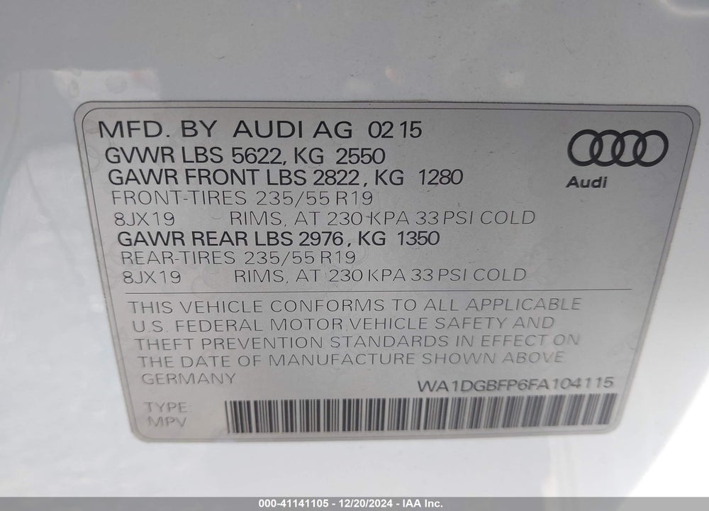 2015 AUDI Q5 VIN: WA1DGBFP6FA104115