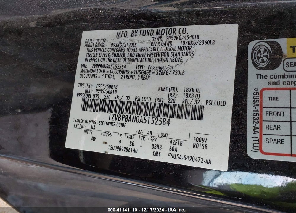 2010 FORD MUSTANG V6/V6 PREMIUM VIN: 1ZVBP8AN0A5152584