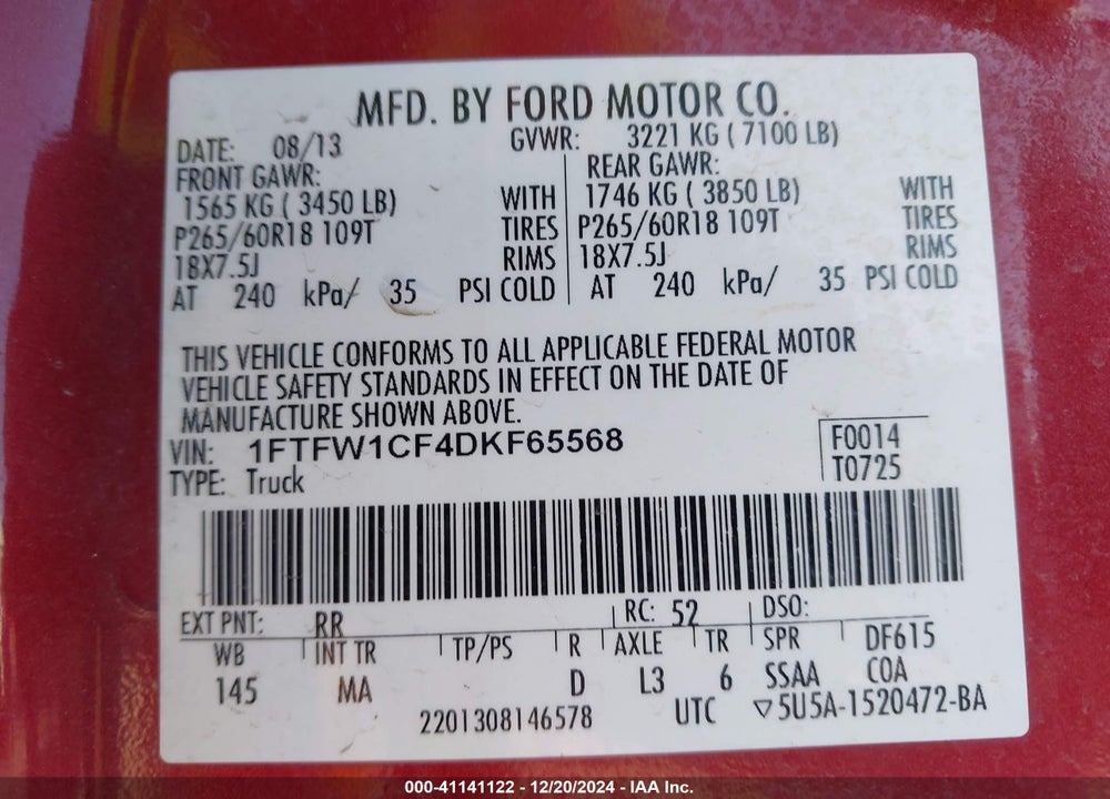 2013 FORD F-150 XLT VIN: 1FTFW1CF4DKF65568