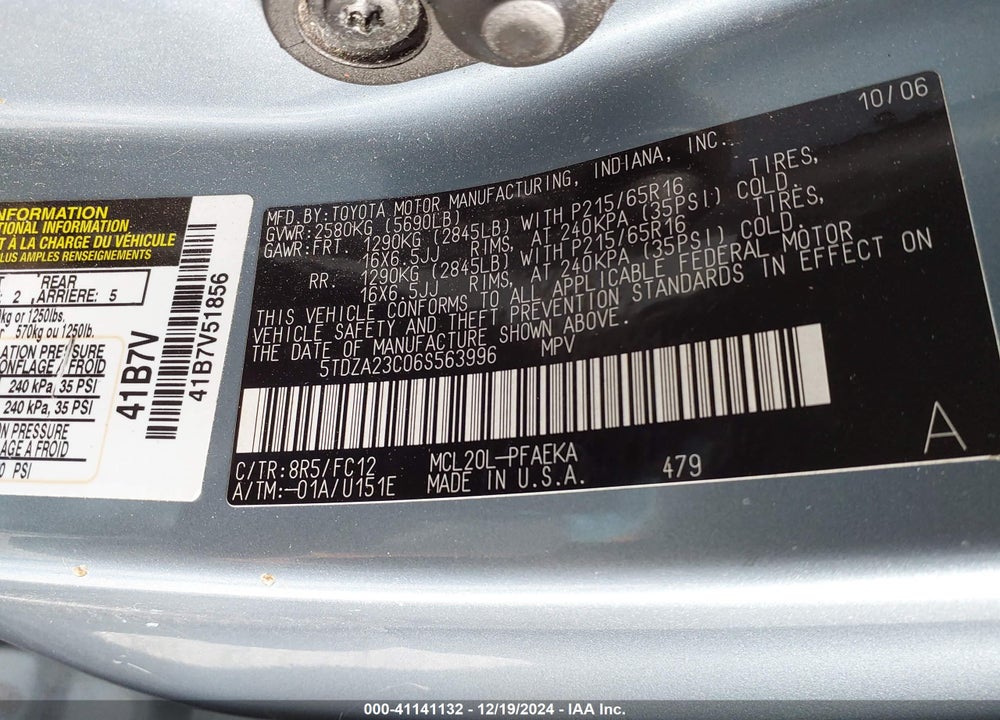 2006 TOYOTA SIENNA LE VIN: 5TDZA23C06S563996