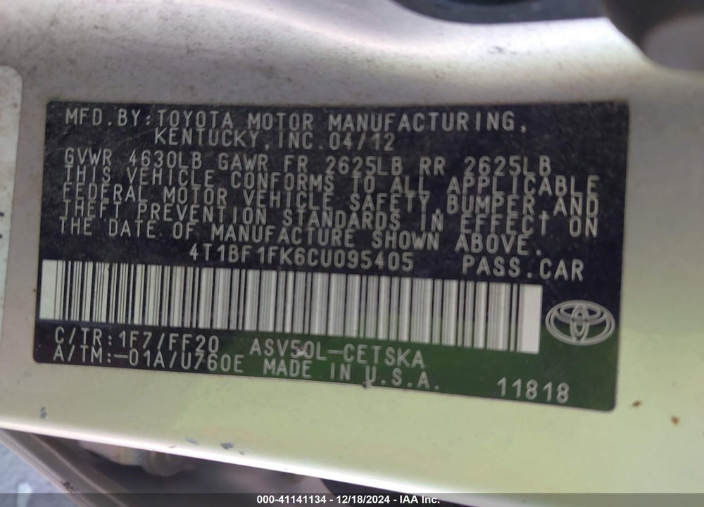 2012 TOYOTA CAMRY SE VIN: 4T1BF1FK6CU095405