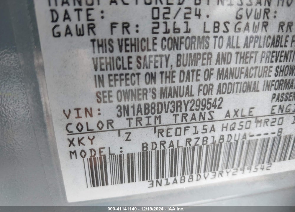 2024 NISSAN SENTRA SR XTRONIC CVT VIN: 3N1AB8DV3RY299542