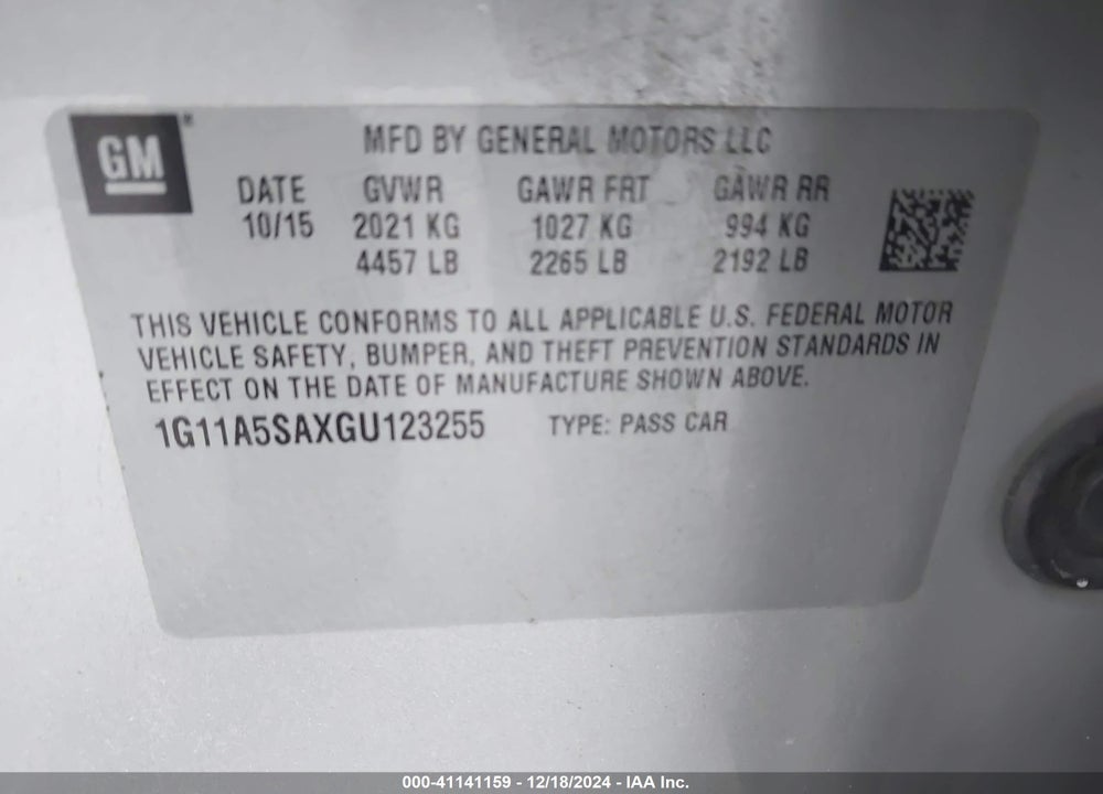 2016 CHEVROLET MALIBU LIMITED VIN: 1G11A5SAXGU123255