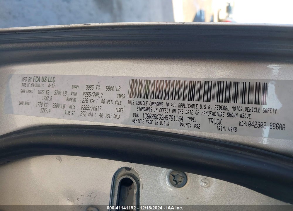 2017 RAM 1500 VIN: 1C6RR6KG3HS761154