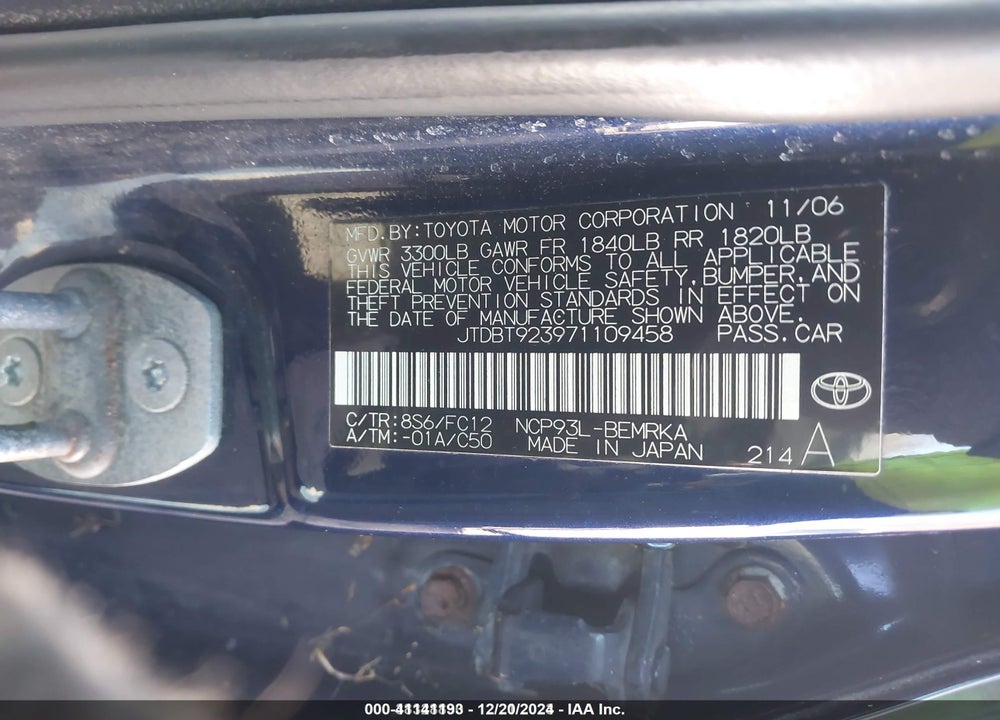2007 TOYOTA YARIS VIN: JTDBT923971109458