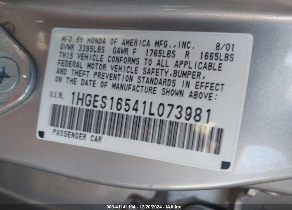2001 HONDA CIVIC LX VIN: 1HGES16541L073981
