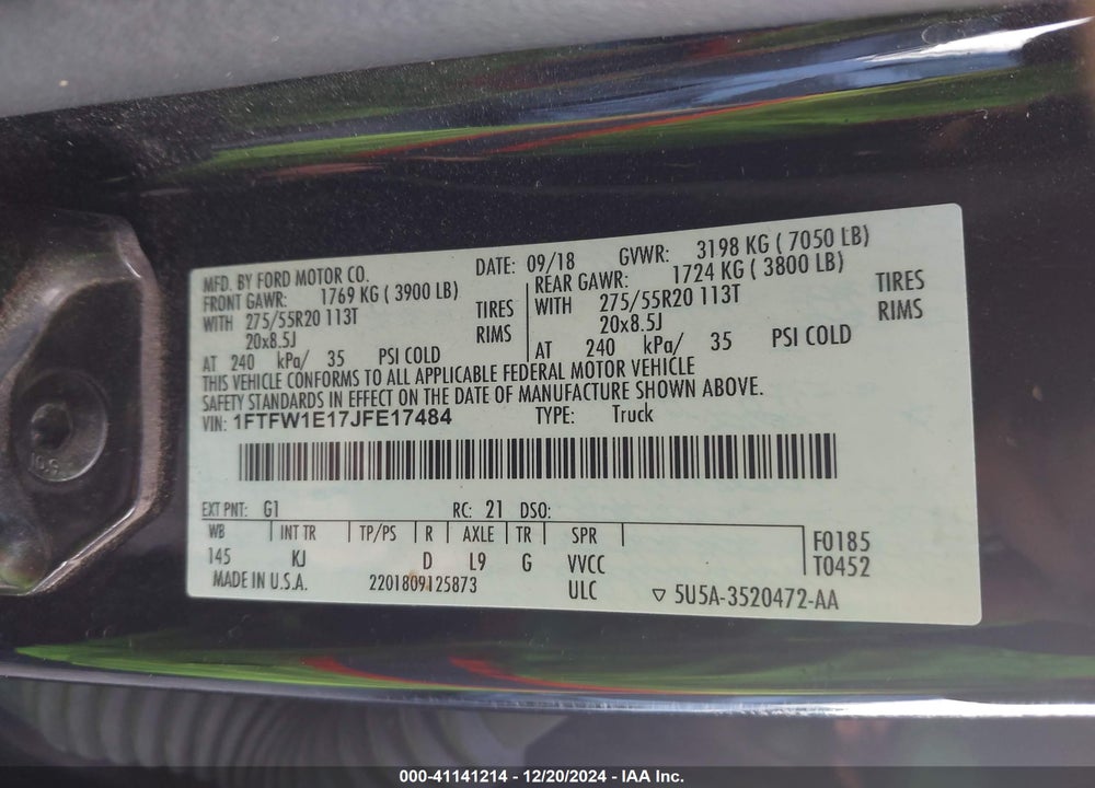 2018 FORD F-150 VIN: 1FTFW1E17JFE17484