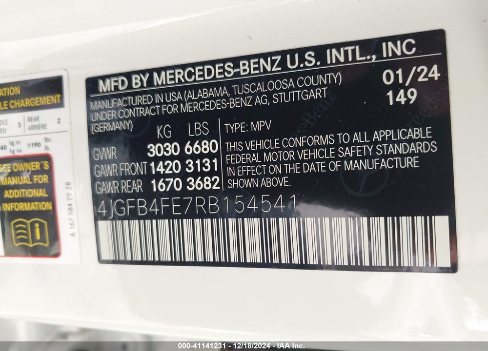 2024 MERCEDES-BENZ GLE 350 4MATIC VIN: 4JGFB4FE7RB154541