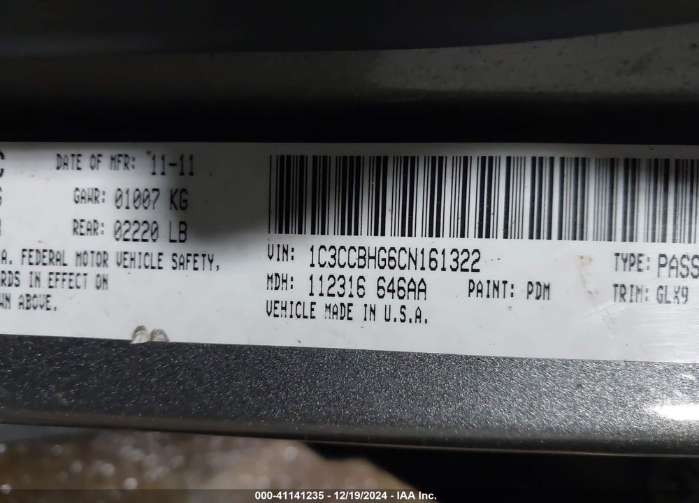 2012 CHRYSLER 200 S VIN: 1C3CCBHG6CN161322