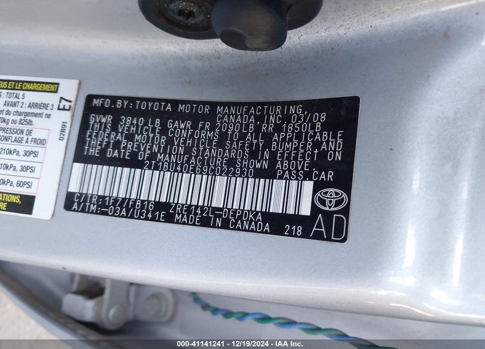 2009 TOYOTA COROLLA VIN: 2T1BU40E69C022930